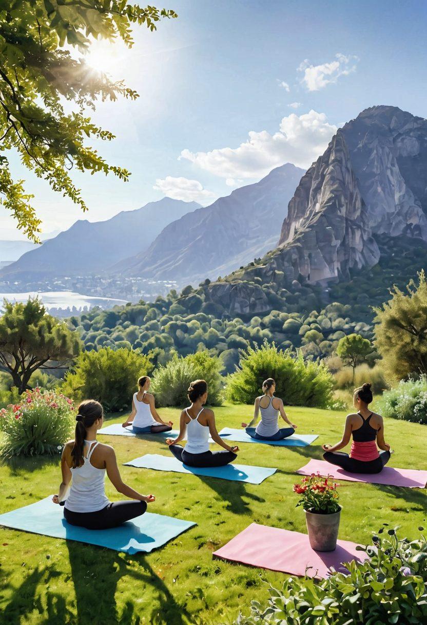 A serene landscape featuring a peaceful yoga session in nature, with a diverse group of individuals engaging in various exercises while surrounded by vibrant fruits and vegetables symbolizing nutrition. The sun is shining, casting a warm glow over the scene, and there are gentle mountains in the background. The atmosphere is calming, evoking a sense of wellness and holistic healing. watercolor style. vivid colors. tranquil background.