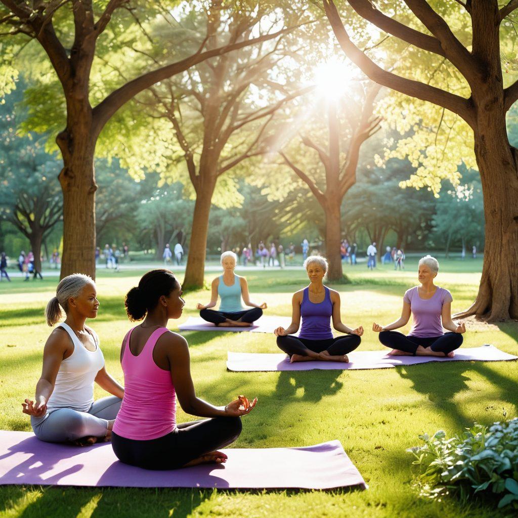 A serene scene depicting a diverse group of cancer survivors engaging in various wellness activities such as yoga, meditation, and group discussions within a sunlit park. The image should include symbols of hope, like butterflies and blooming flowers, to represent resilience and recovery. Vibrant colors should fill the scene, conveying positivity and empowerment. Soft, natural lighting enhances the uplifting atmosphere, inviting viewers to feel inspired. super-realistic. vibrant colors. peaceful setting.