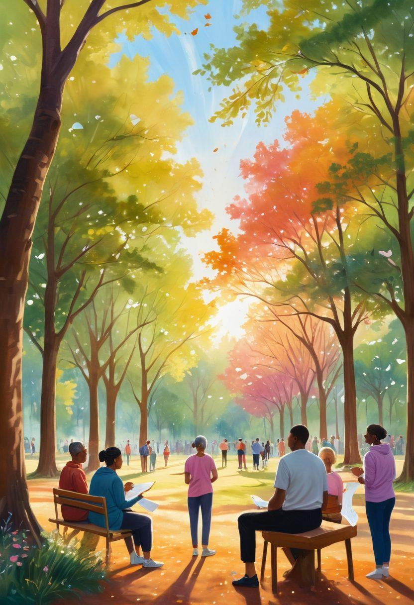 A diverse group of people of various ages, ethnicities, and genders gathered in a serene park, sharing stories and supporting one another, with soft sunlight filtering through trees. Include symbolic elements like a cancer ribbon and hope-filled notes around them. The atmosphere should feel warm and uplifting, emphasizing human connection and resilience. painting. vibrant colors. serene background.